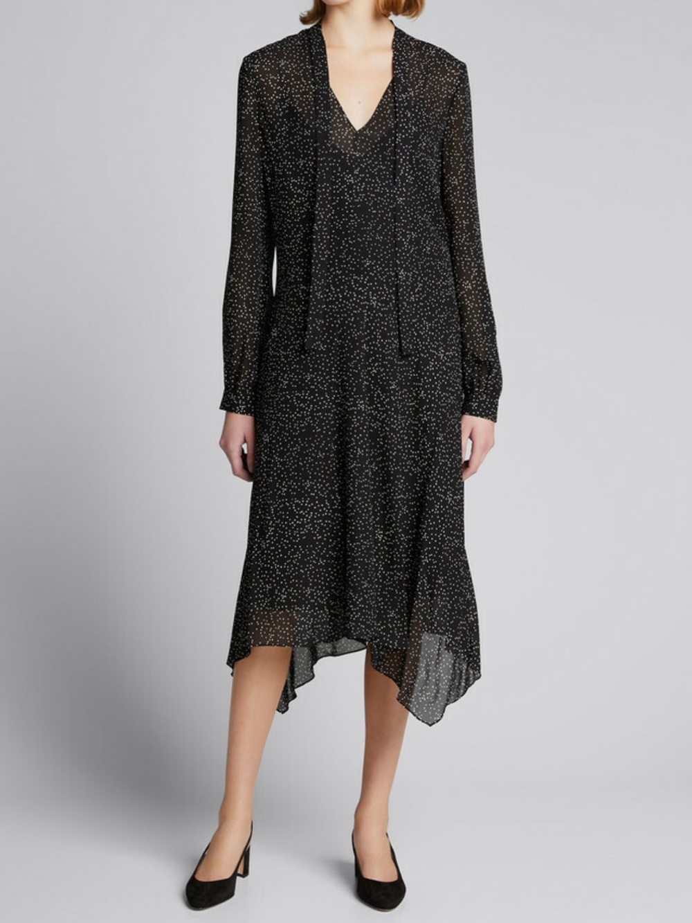Theory Silk Black Dress with White Speckle Print and Asymmetrical Hem